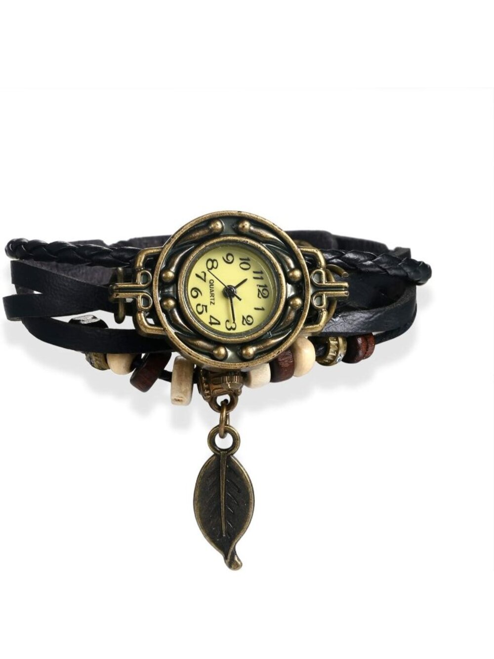 Women's Black- Leaf Fashion Vintage Classic Weave Wrap Around Quartz Wristwatch